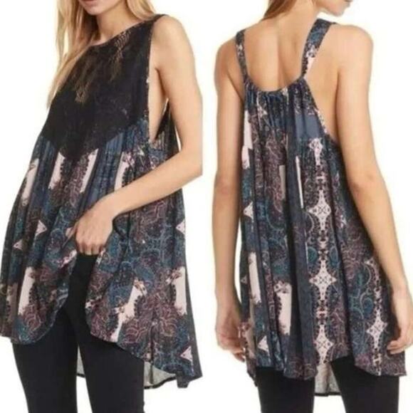 Free People Count Me In Trapeze Tunic Mini Dress Black Blue Lace SP - Picture 2 of 6